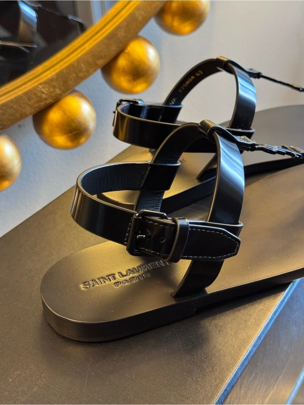 AUTHENTIC Saint Laurent Cassandre Leather Sandals In Black - Size 42